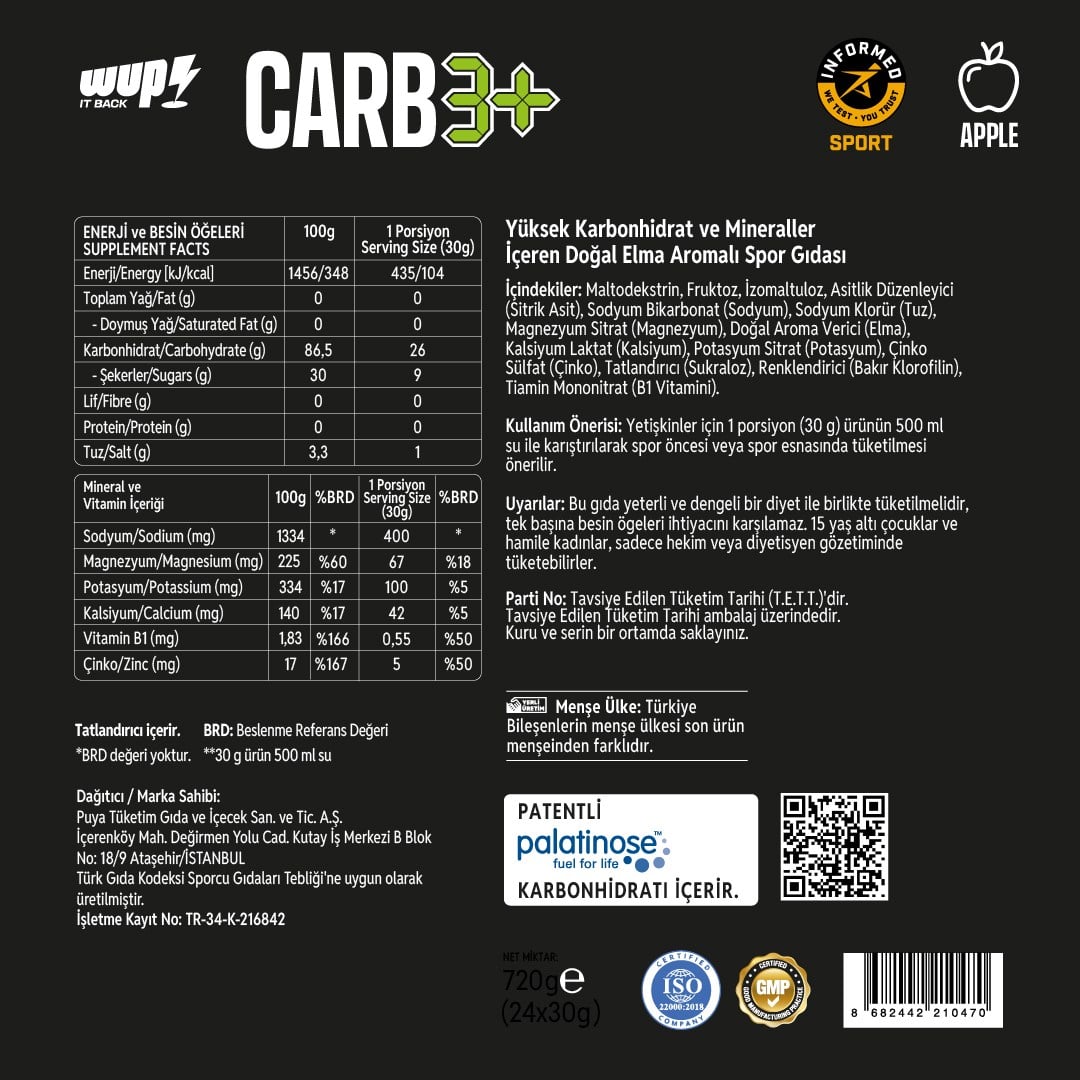 WUP Carb3+, 3 Type Carbohydrate, Electrolyte, Low GI, Apple Flavored, 24 Packs
