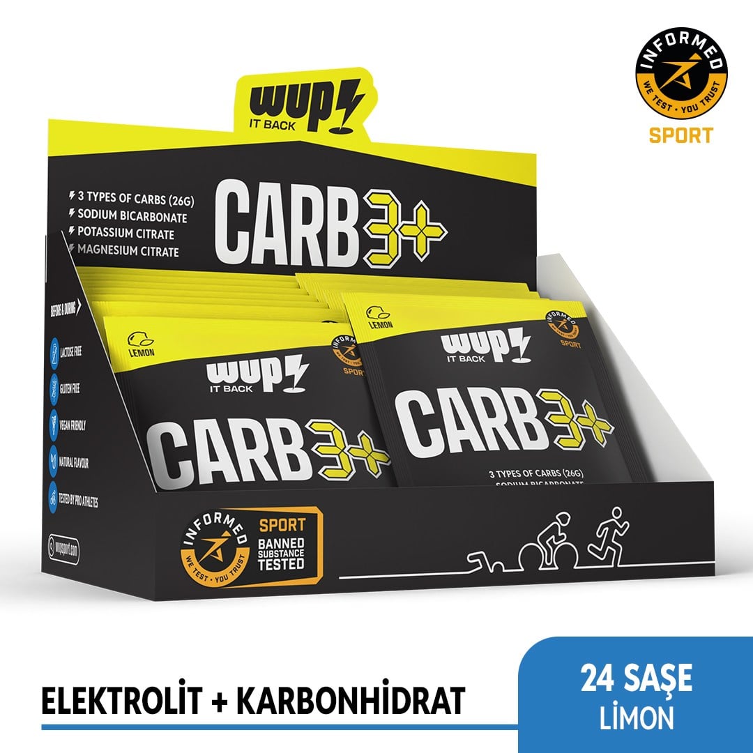 WUP Carb3+, 3 Tip Yüksek Karbonhidrat, Enerji ve Elektrolit, Dengeli GI, Limon Aromalı, 24 Saşe