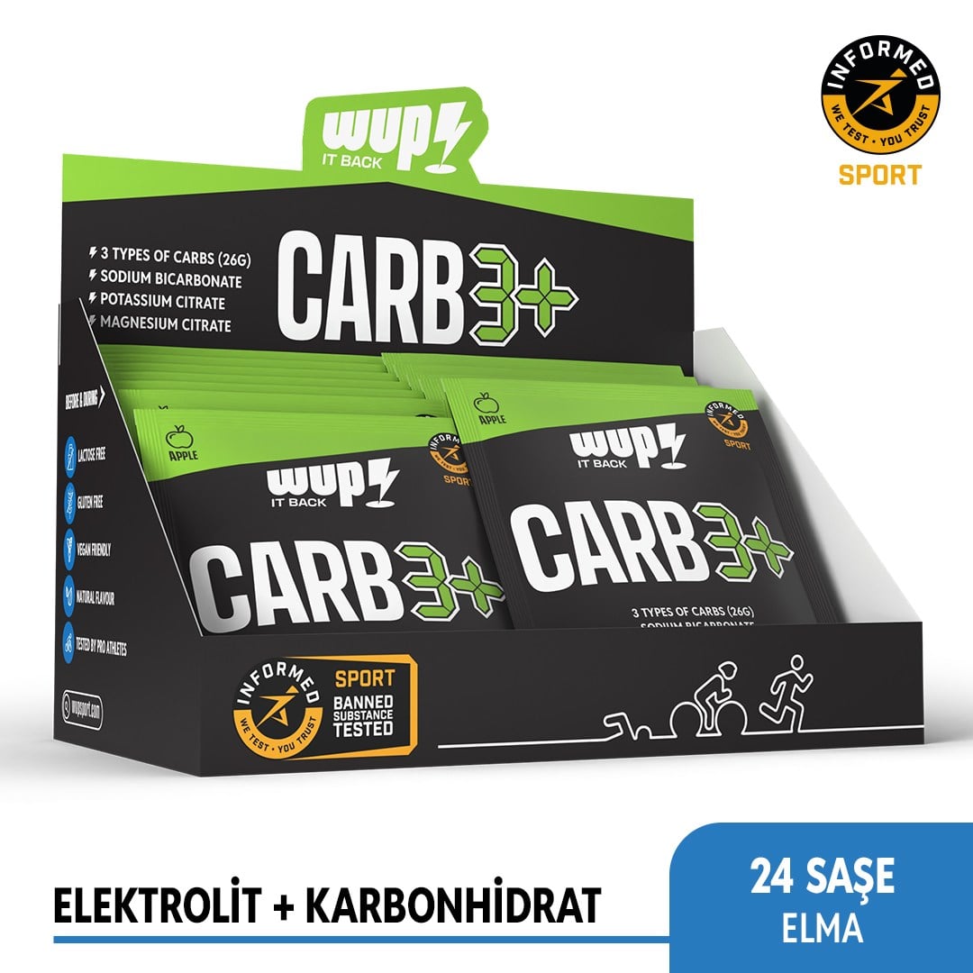 WUP Carb3+, 3 Type Carbohydrate, Electrolyte, Low GI, Apple Flavored, 24 Packs