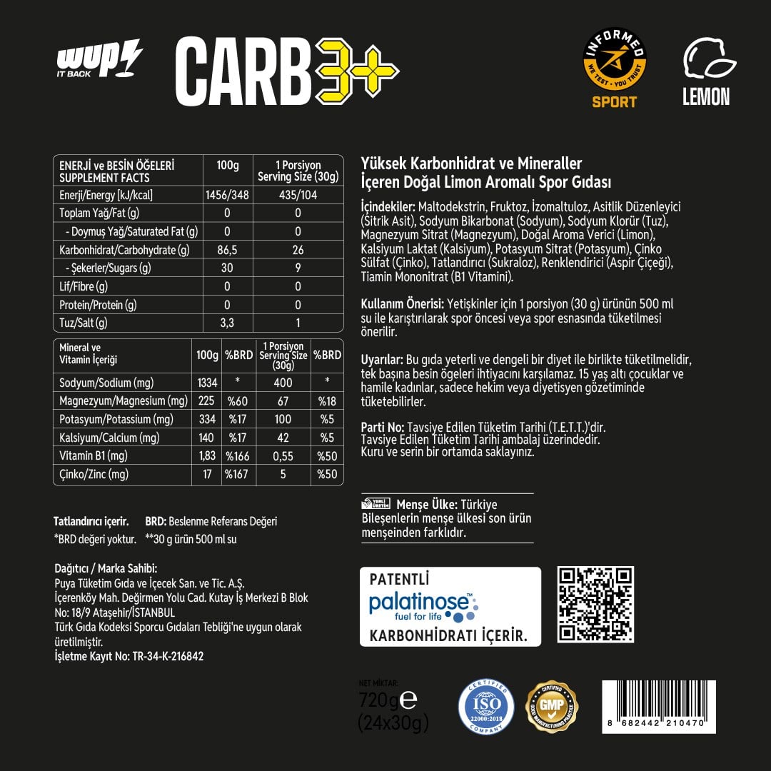WUP Carb3+, 3 Tip Yüksek Karbonhidrat, Enerji ve Elektrolit, Dengeli GI, Limon Aromalı, 24 Saşe