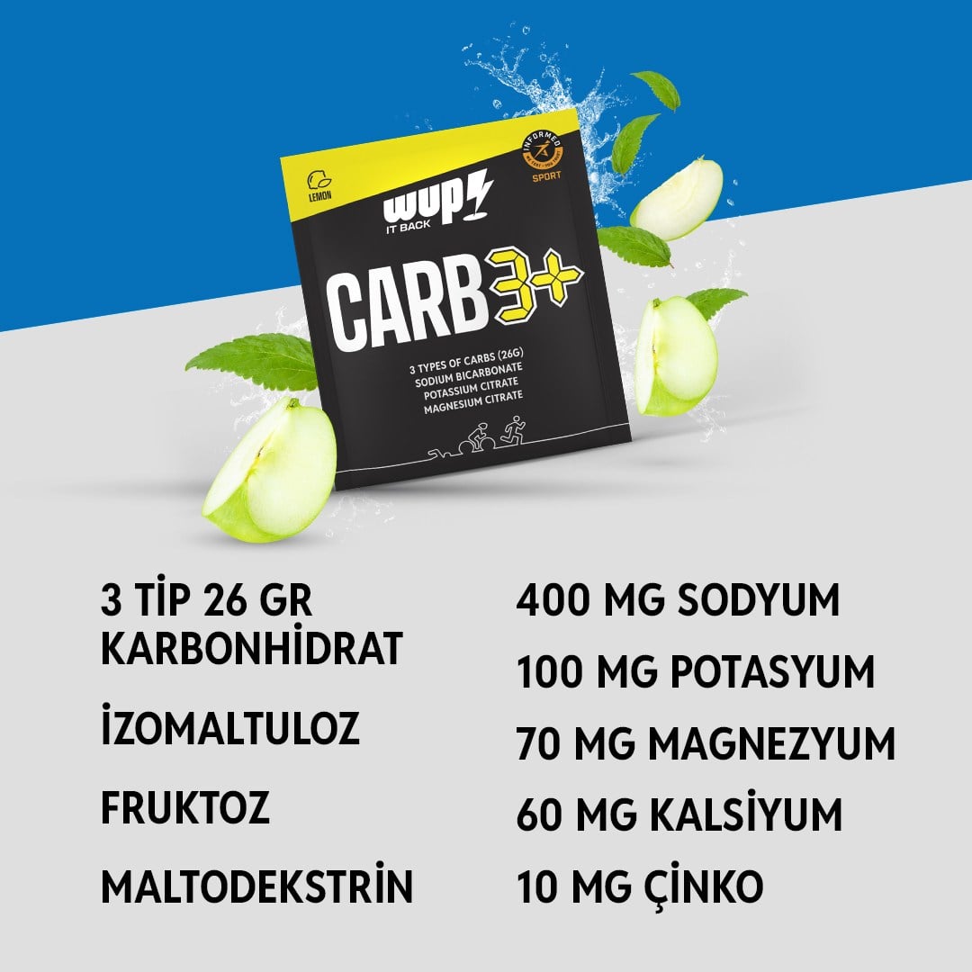 WUP Carb3+, 3 Tip Yüksek Karbonhidrat, Enerji ve Elektrolit, Dengeli GI, Limon Aromalı, 24 Saşe
