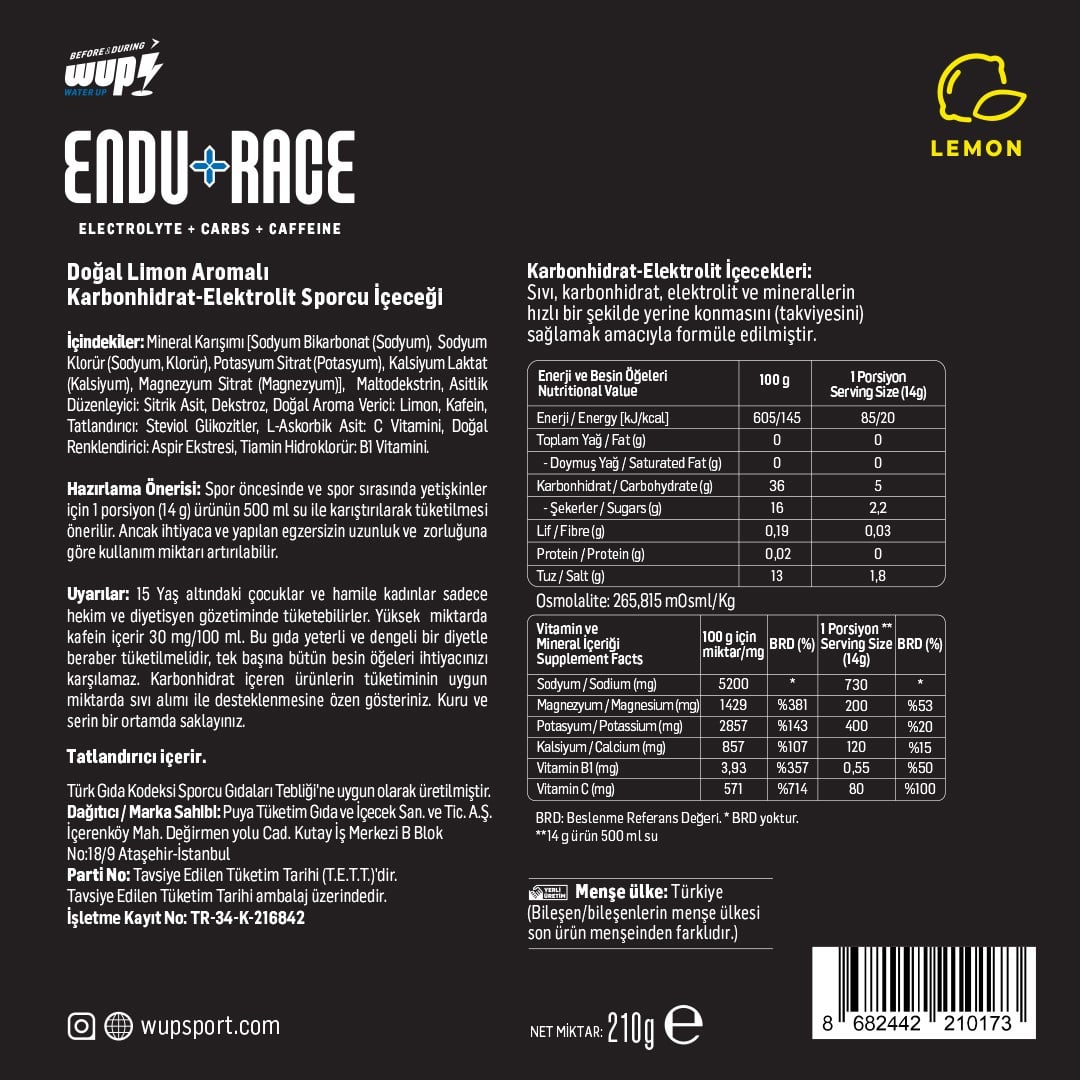 WUP Endu+Race, Yoğun Elektrolit, Kafeinli, Limon Aromalı, 15 Saşe Toz Efervesan