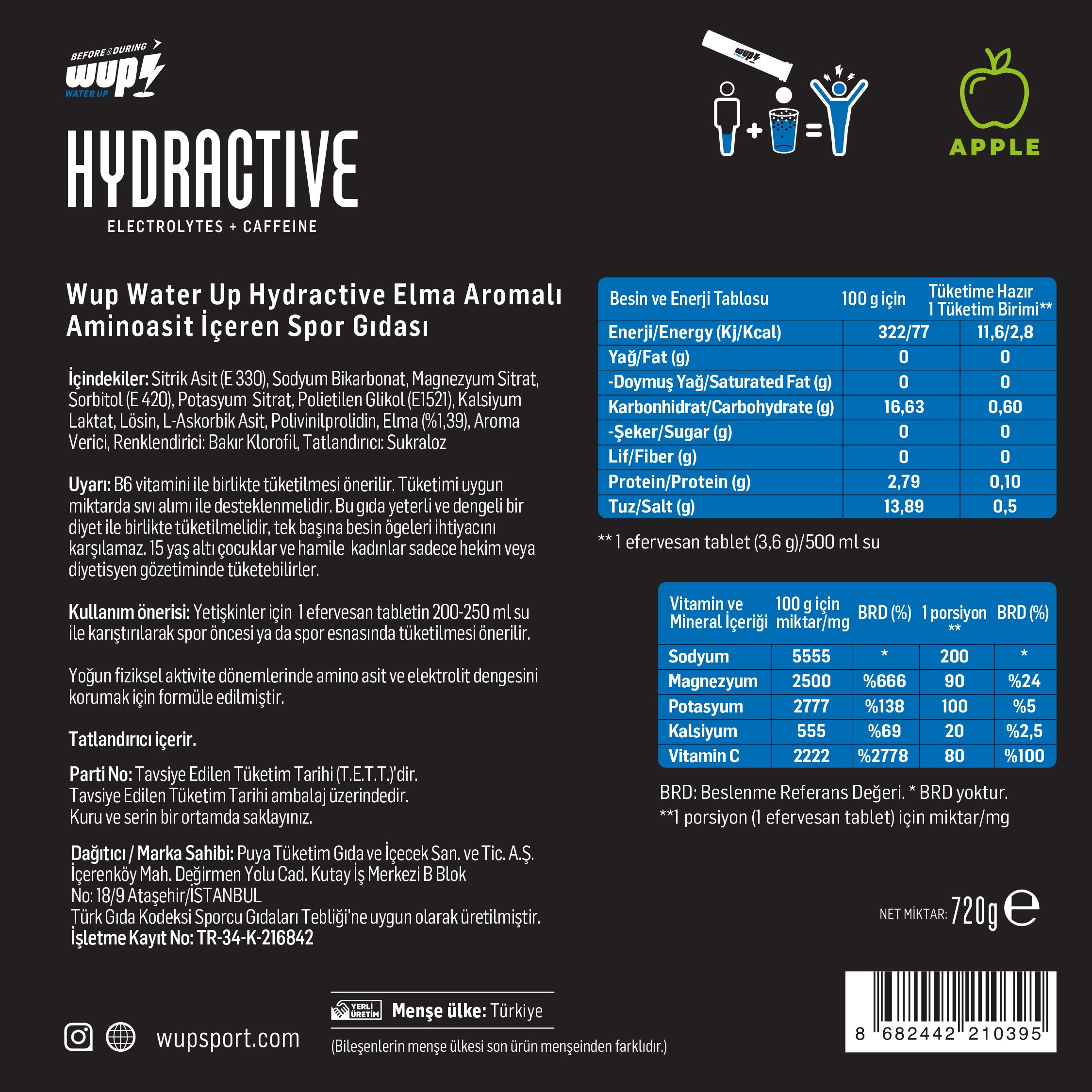 WUP Hydractive Elma Aromalı, 10x20 Efervesan Tablet, Elektrolit+Lösin