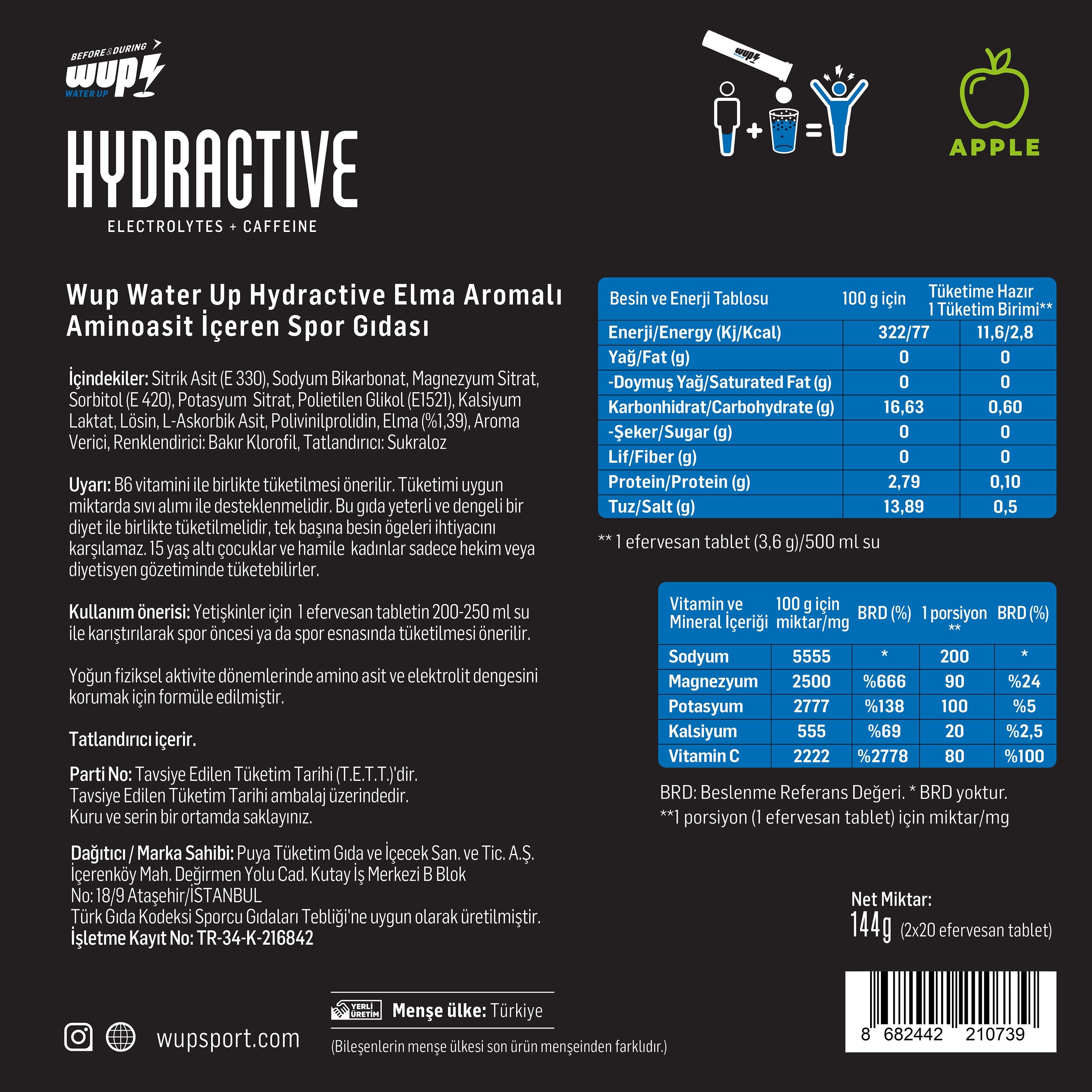 WUP Hydractive Elma Aromalı, 2x20 Efervesan Tablet, Elektrolit+Lösin