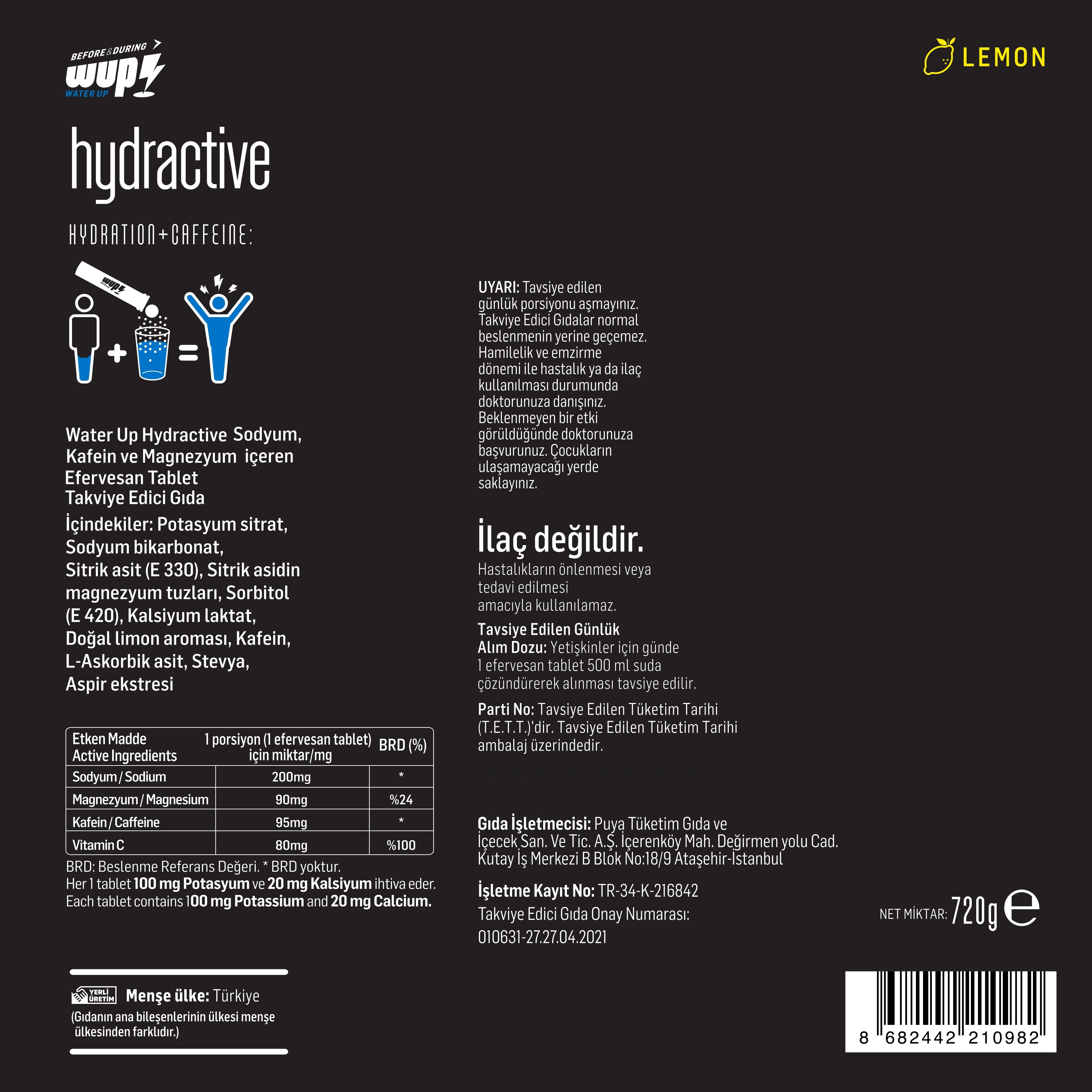 WUP Hydractive, Electrolyte+Caffeine, Lemon Flavored, 10x20 Tablets