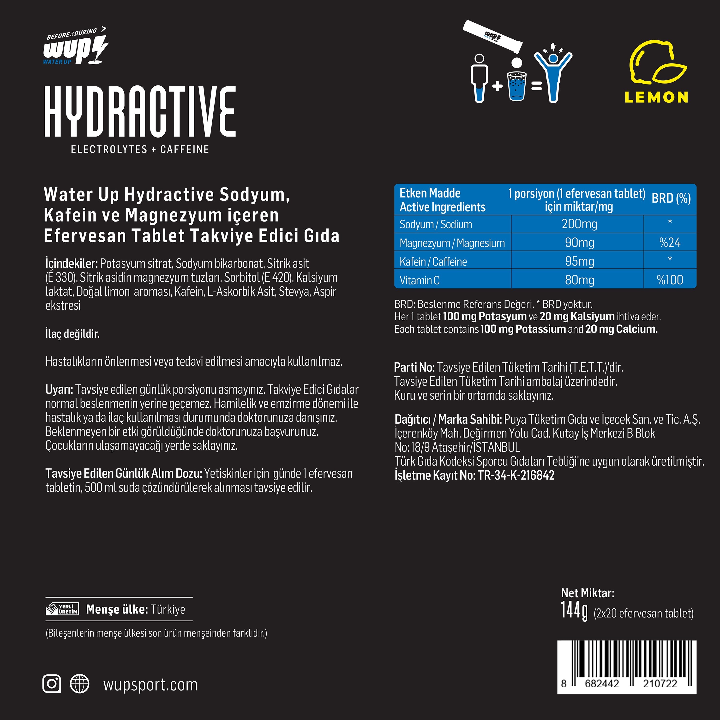 WUP Hydractive Limon Aromalı, 2x20 Efervesan Tablet, Elektrolit+Kafein