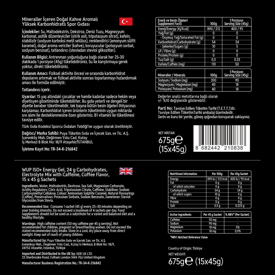 WUP ISO+ Enerji Jeli, Kafeinli, İzotonik, Espresso Aromalı, 15 Saşe 45 gr
