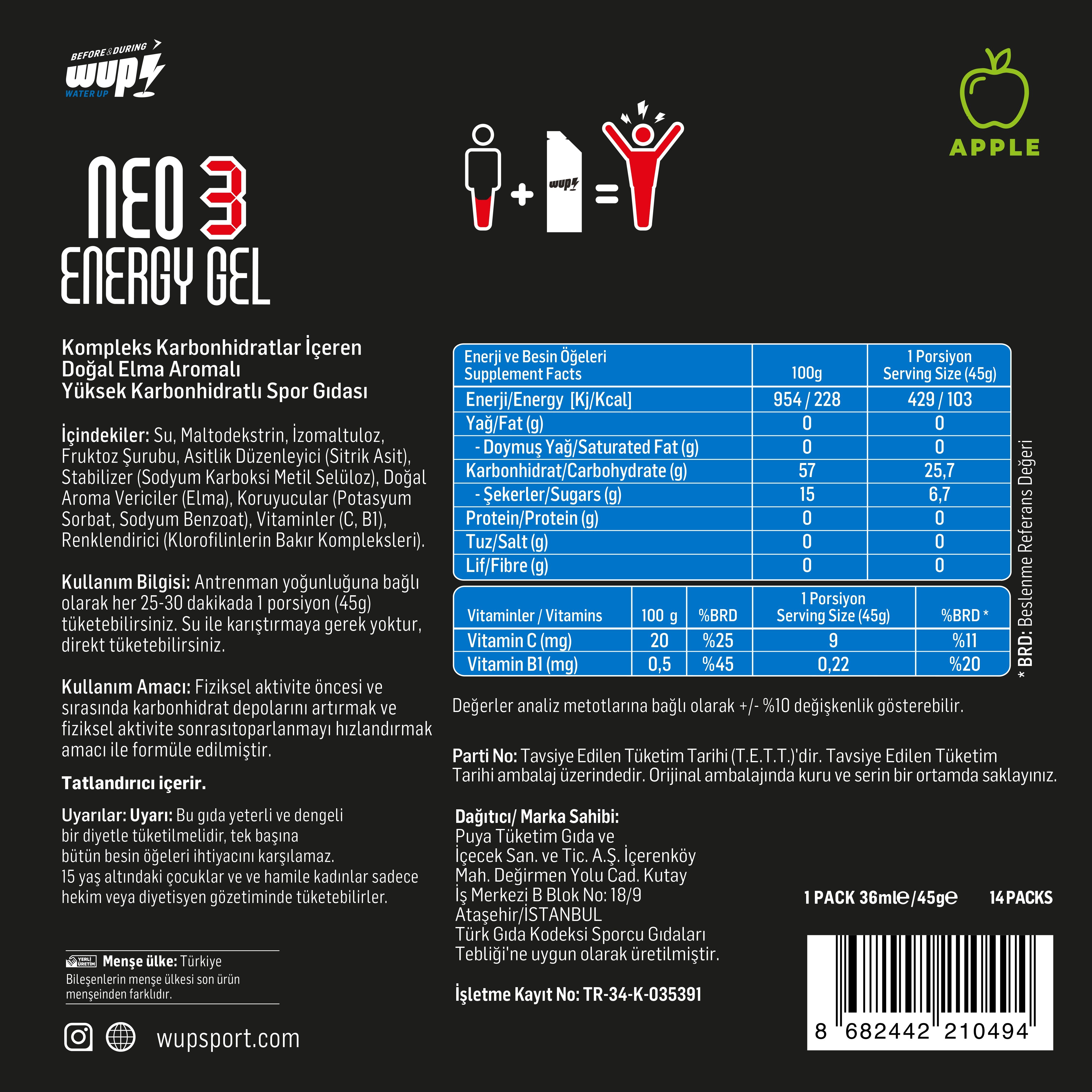 WUP NEO3 Energy Gel, 3 Type Carbohydrate, Balanced GI, Apple Flavored, 14x45 gr Packs