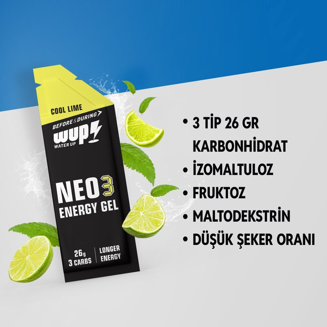 WUP NEO3 Enerji Jeli, 3 Tip Karbonhidrat, Düşük GI, Cool Lime Aromalı, 15 Saşe 45 gr