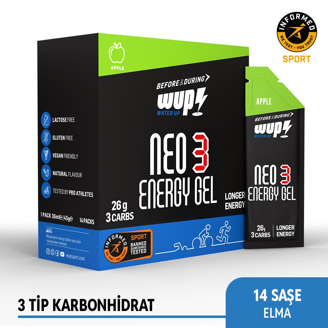 WUP NEO3 Energy Gel, 3 Type Carbohydrate, Balanced GI, Apple Flavored, 14x45 gr Packs