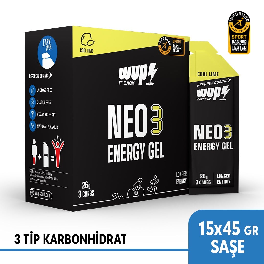 WUP NEO3 Enerji Jeli, 3 Tip Karbonhidrat, Düşük GI, Cool Lime Aromalı, 15 Saşe 45 gr