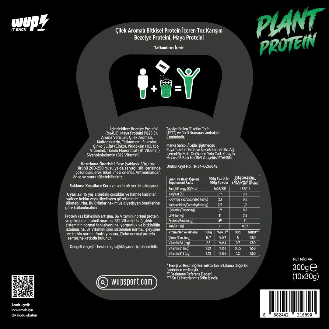 WUP Plant Protein, B1-B6-B12, Çinko, Yüksek Lif, Çilek, Bitkisel Protein, 10 Saşe