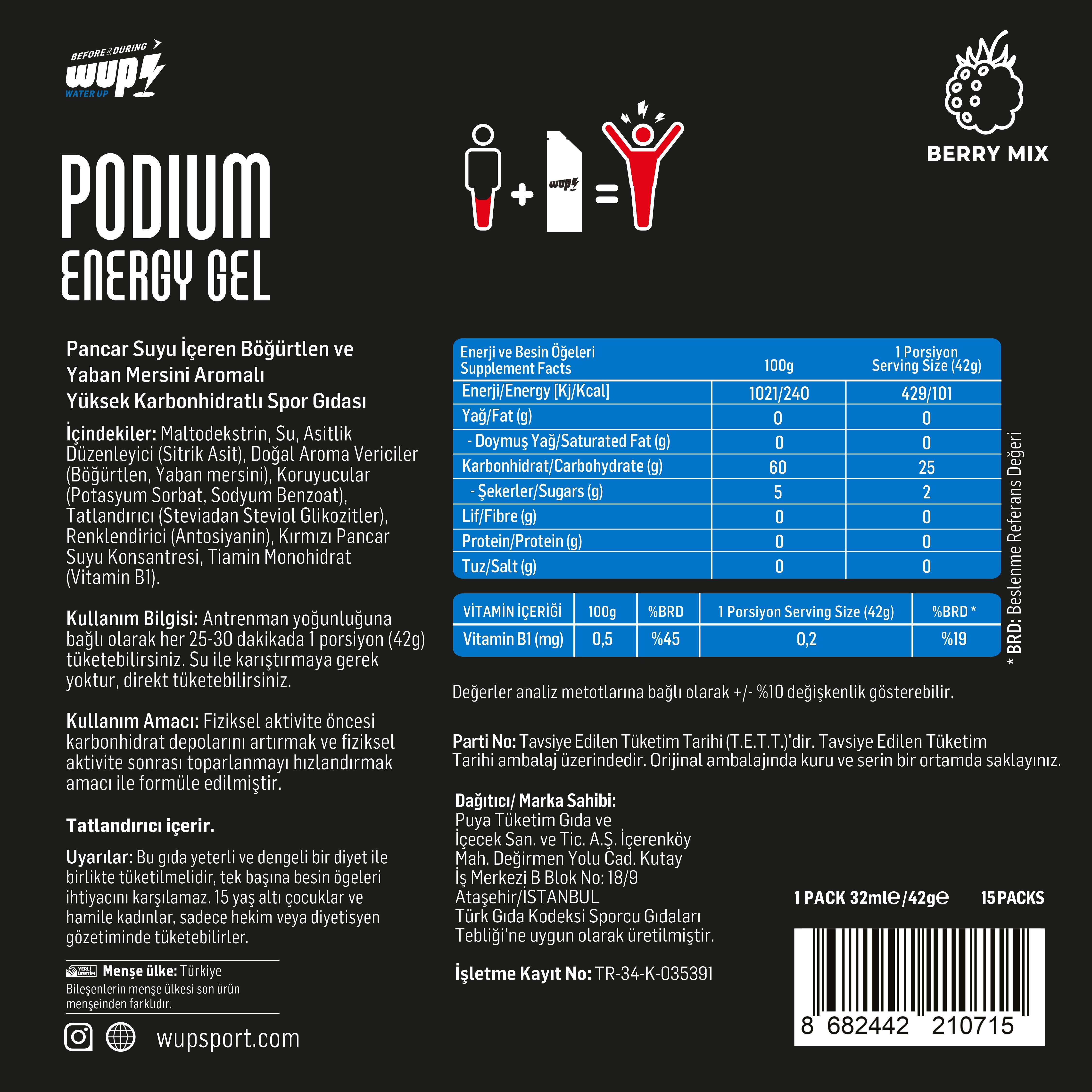 WUP Podium Energy Gel, Berry Mix Flavored, 15x42 gr Packs