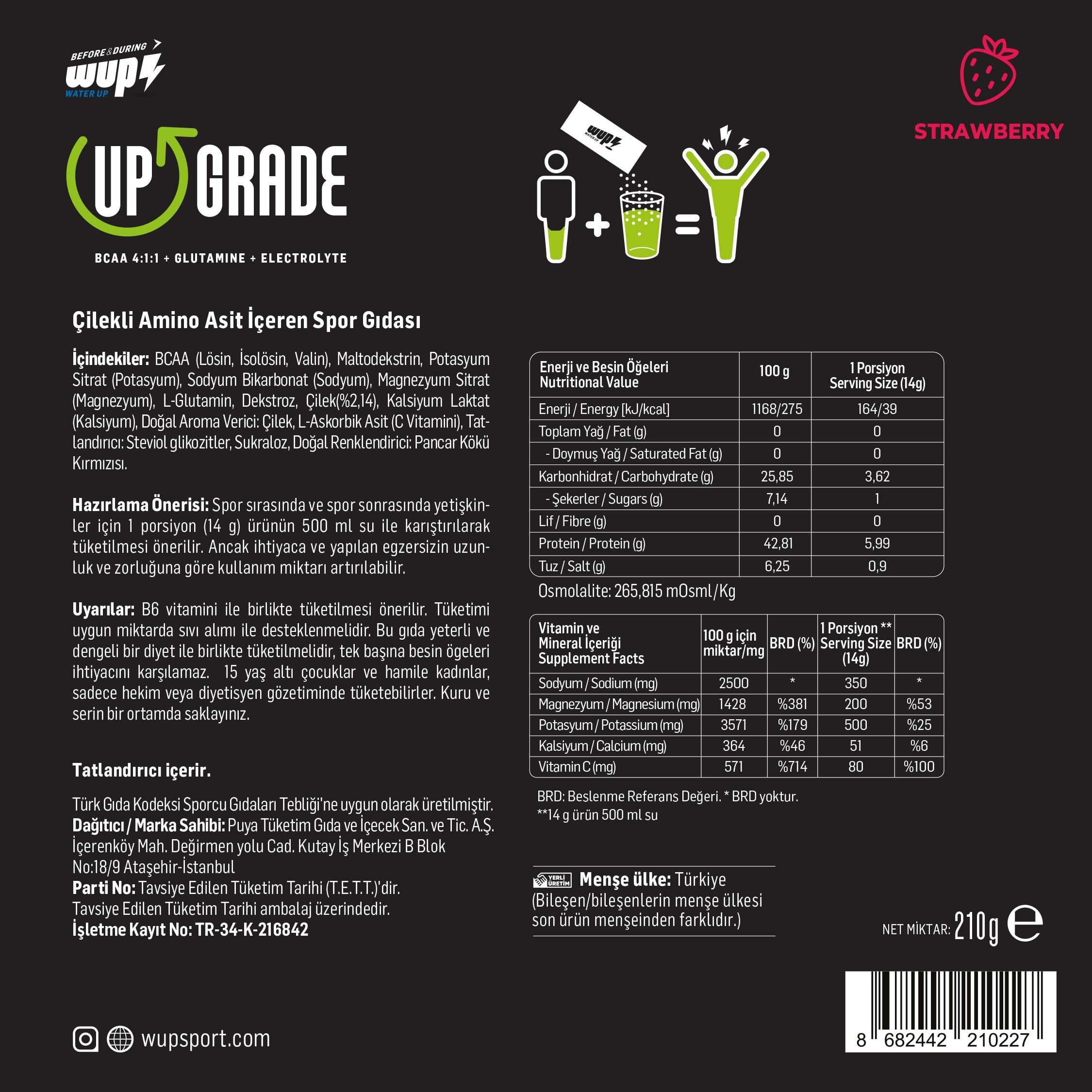 WUP Upgrade, BCAA, Glutamin, Elektrolit, Çilek Aromalı, 15 Saşe, Toz Efervesan