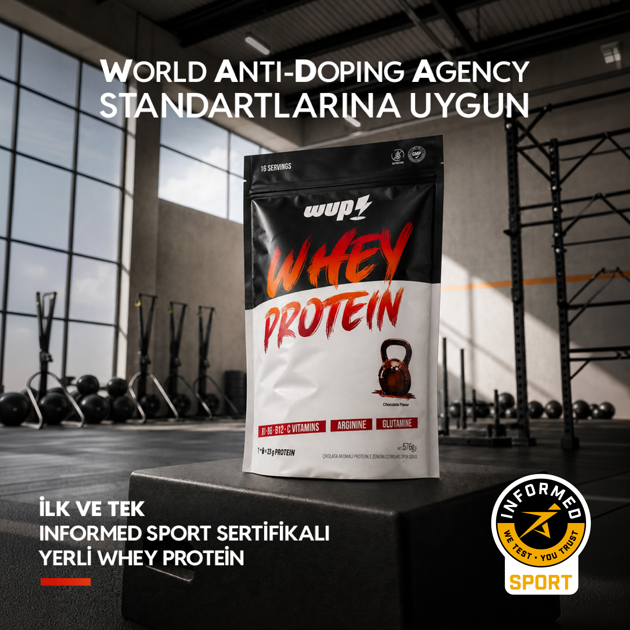 WUP Whey Protein, B1-B6-B12-C, Arjinin, Glutamin, Doğal Kakao, Çikolata, 576 gr 16 Servis