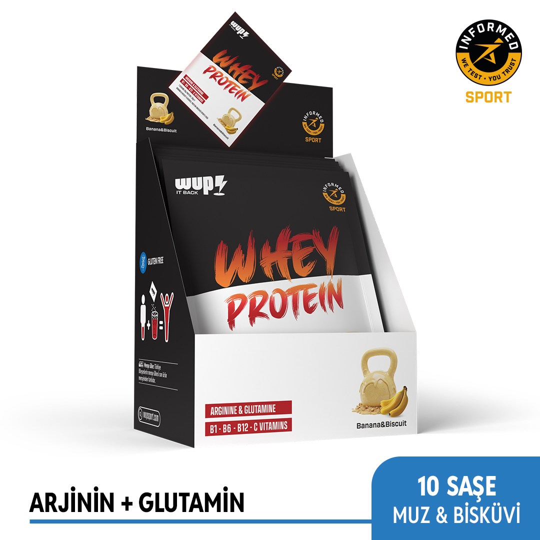 WUP Whey Protein, B1-B6-B12-C, Arjinin, Glutamin, Muz ve Bisküvi, 10 Saşe