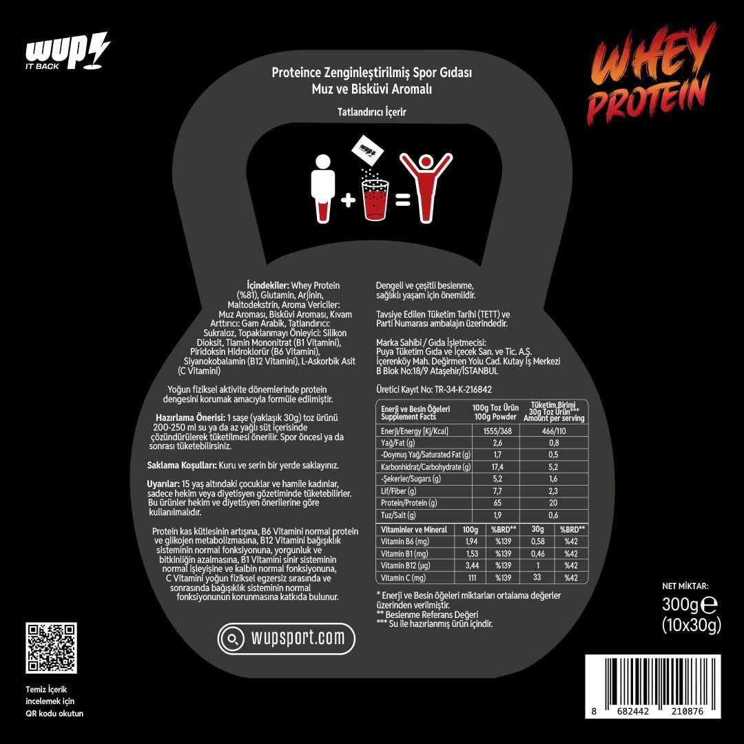WUP Whey Protein, B1-B6-B12-C, Arjinin, Glutamin, Muz ve Bisküvi, 10 Saşe