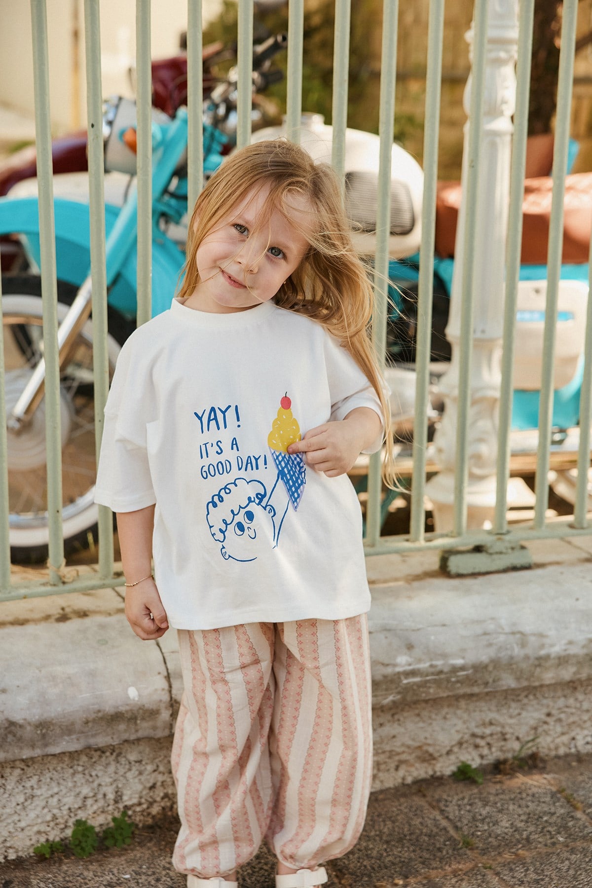 Podo Ekru Oversize Baskılı Tshirt - good day