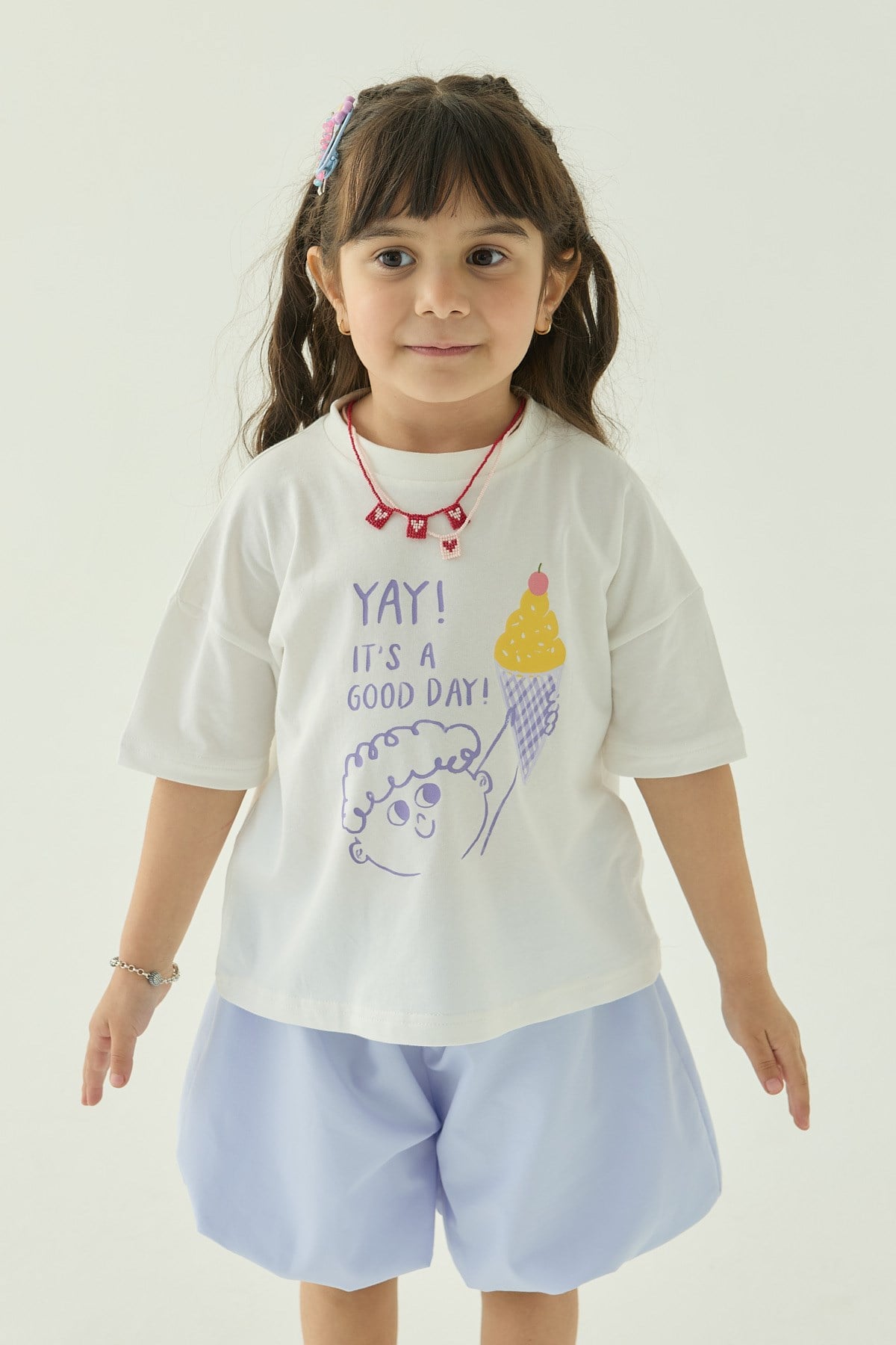 Podo Ekru Oversize Baskılı Tshirt - good day