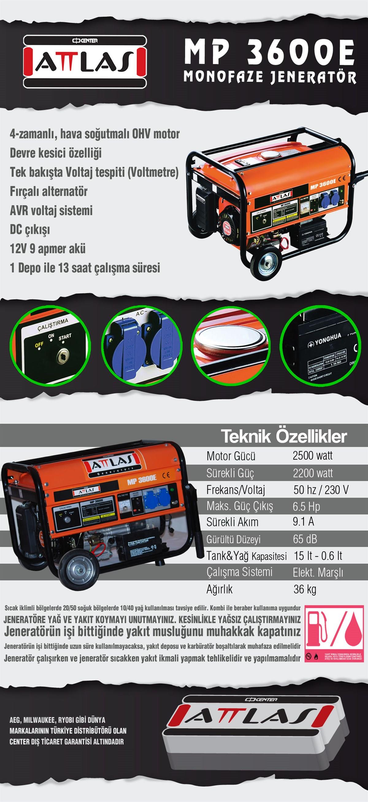 MP 3600E BENZİNLİ MONOFOZE MARŞLI JENERATÖR ATTLAS
