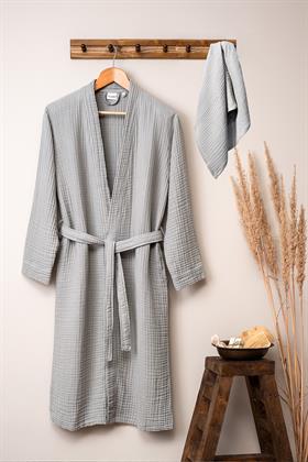Unisex Kimono Müslin Bornoz + Havlu Seti Gri