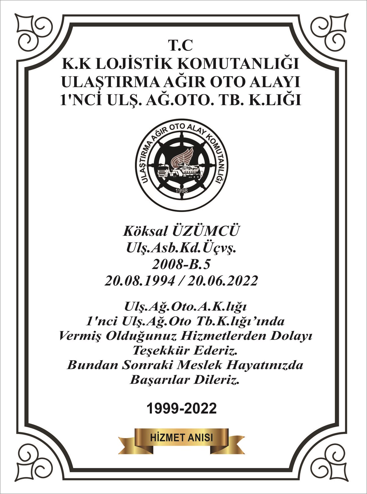 Kara Kuvvetleri Ulaştırma Plaket Büyük Boy