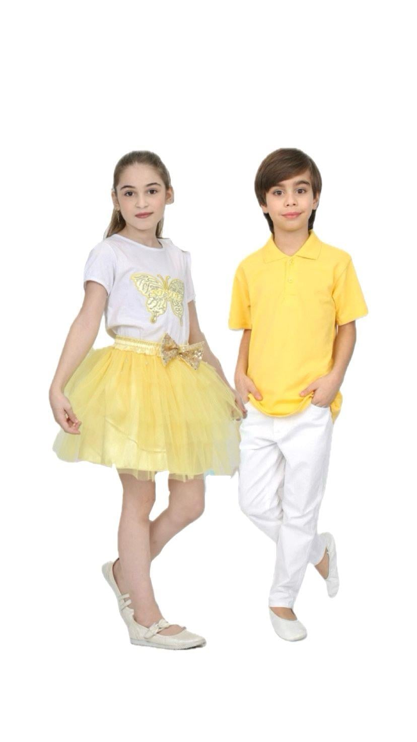 23 Nisan Kız Çocuk T-shirt Sarı Tütü Etek Kombin Erkek Çocuk Polo Yaka Beyaz Pantolon Takım Gösteri Kıyafetleri