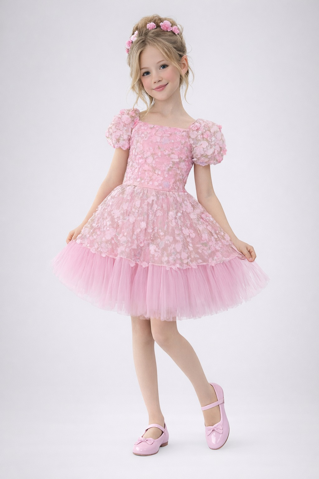 Kız Çocuk Pembe Çiçek Kabartmalı Tül Prenses Elbise