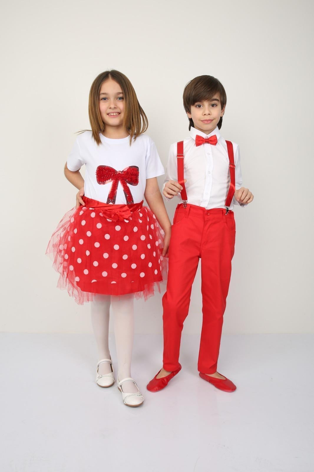 23 Nisan Kız Çocuk Fiyonlu T-shirt Kırmızı Beyaz Puantiyeli Tütü Etek Kombin Erkek Çocuk Gömlek Pantolon Takım Gösteri Kıyafetleri