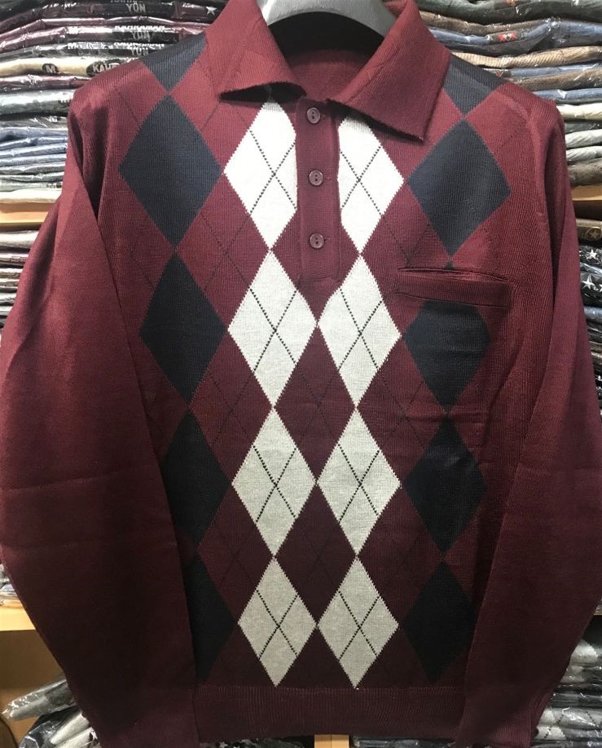 BABA DESENLİ İNCE TRİKO DÜĞMELİ KAZAK