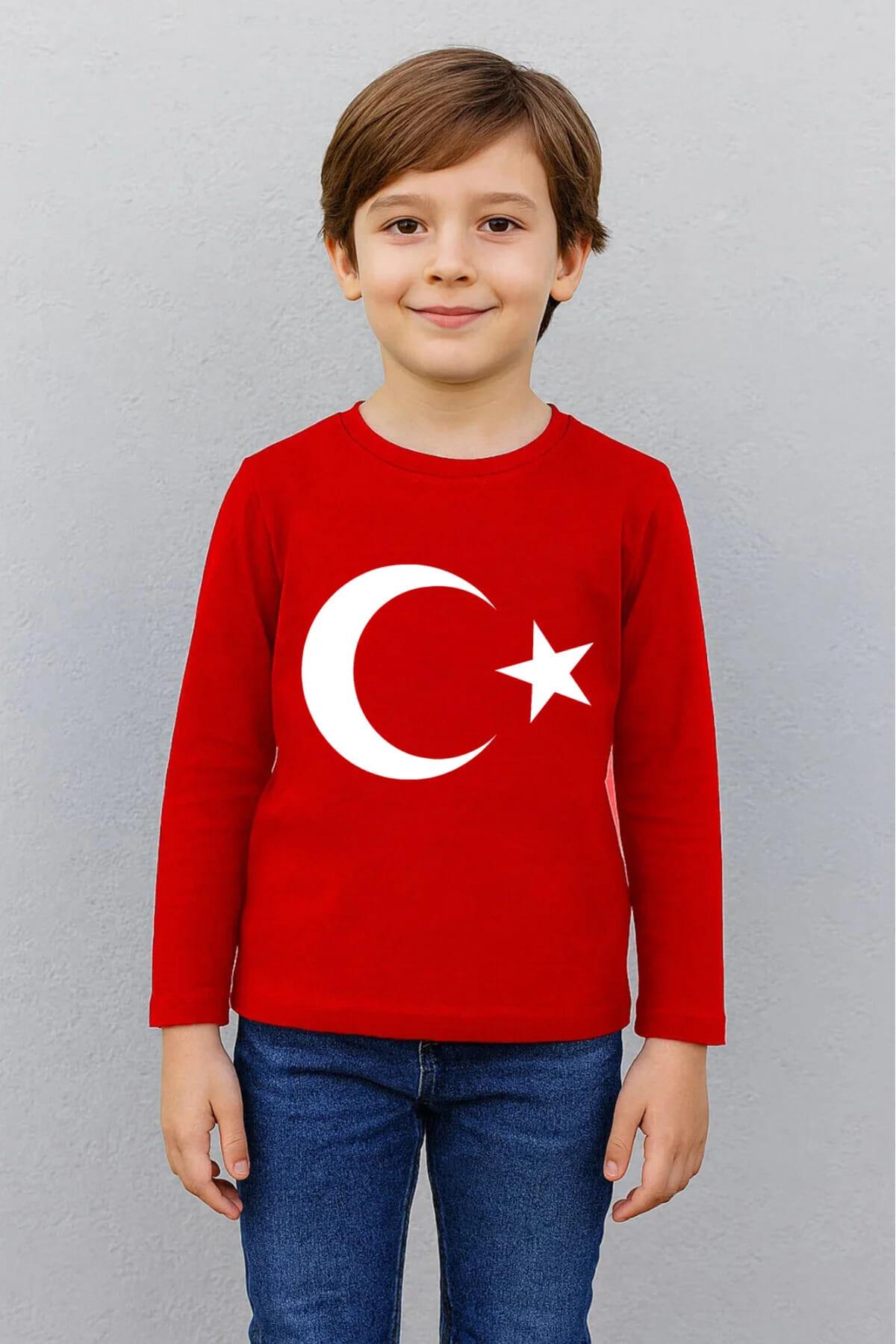 Çocuk Kırmızı Uzun Kollu Ay Yıldız Baskılı Tişört - 100% Pamuk
