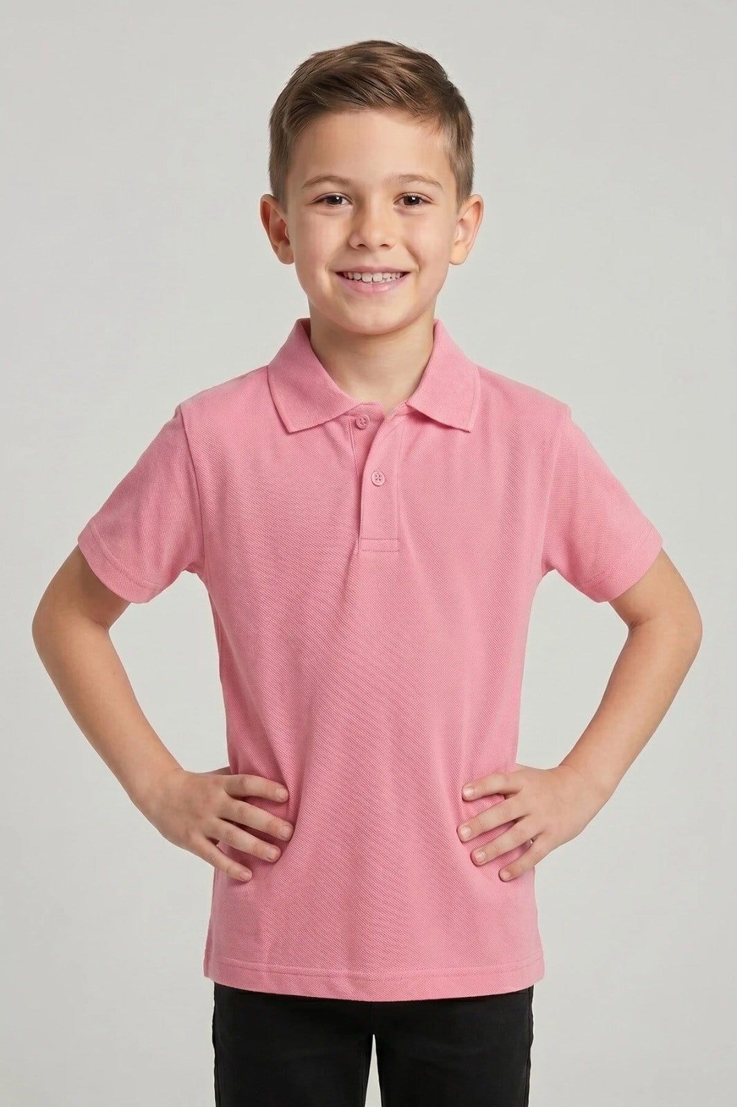 Çocuk Pembe 2li Polo Yaka Kısa Kol ve Uzun Kollu Okul Tişört Seti