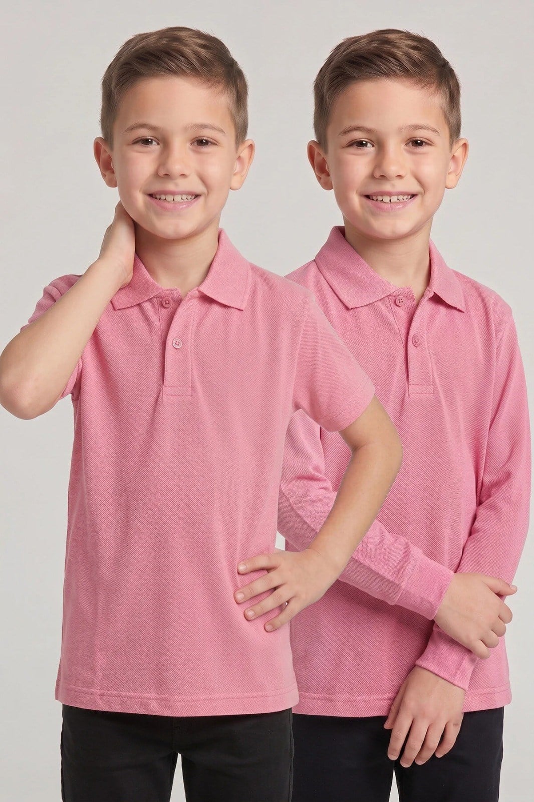 Çocuk Pembe 2li Polo Yaka Kısa Kol ve Uzun Kollu Okul Tişört Seti