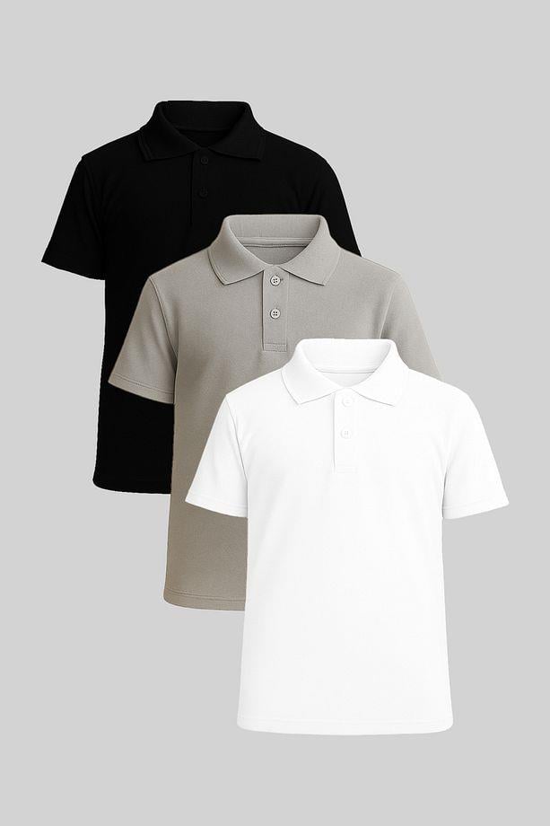 Çocuk Polo Yaka Kısa Kollu Tişört 3lü Set Siyah Gri Beyaz