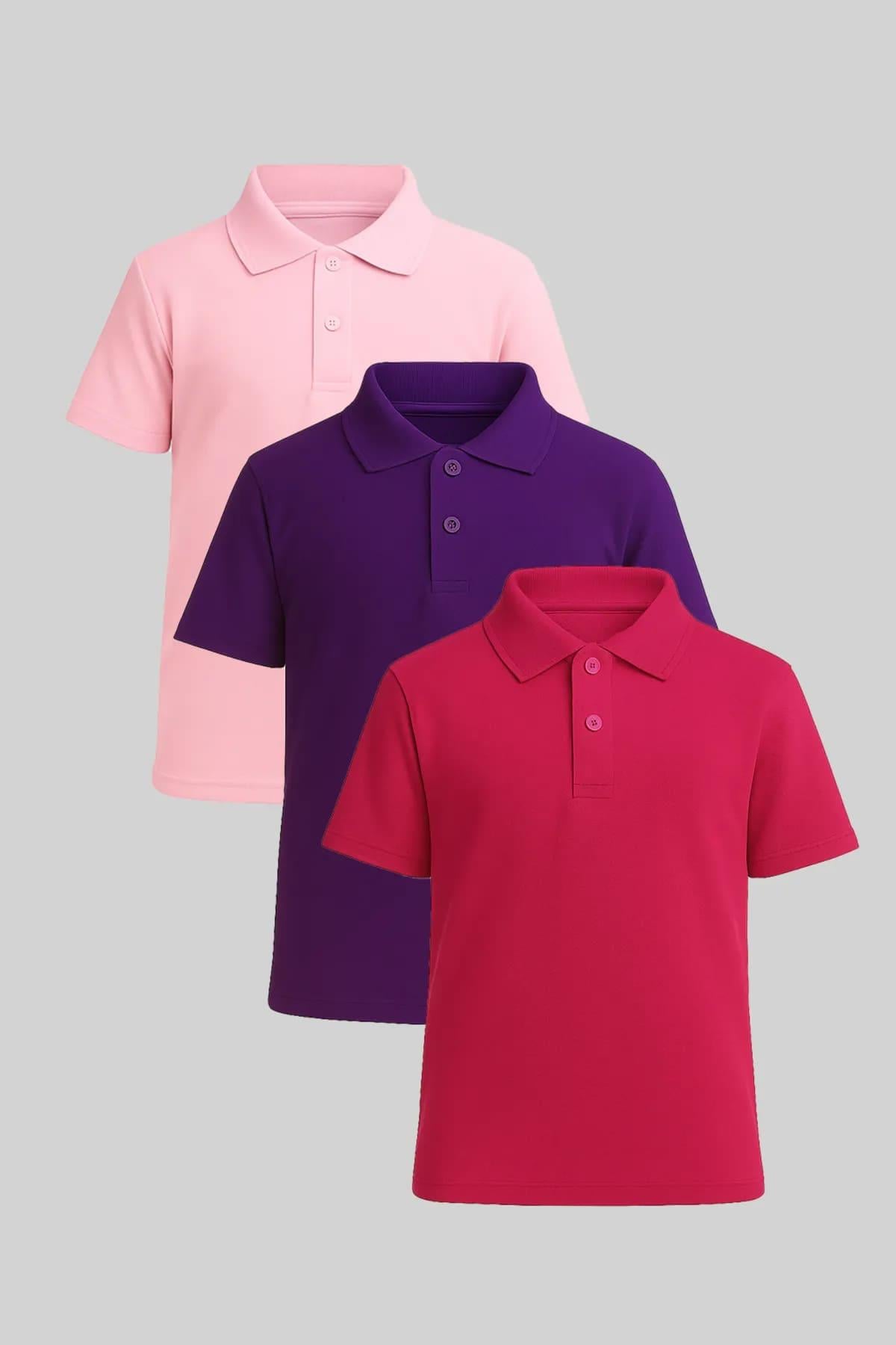 Çocuk Polo Yaka Kısa Kollu Tişört 3lü Set Pembe Mor Fuşya