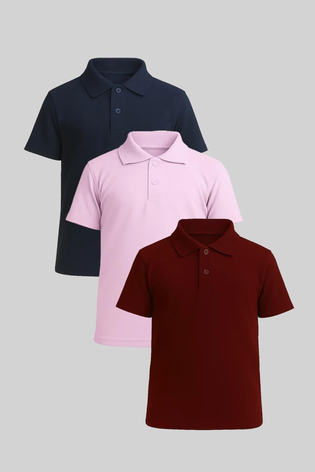 Çocuk Polo Yaka Kısa Kollu Tişört 3lü Set Bordo Lila Lacivert