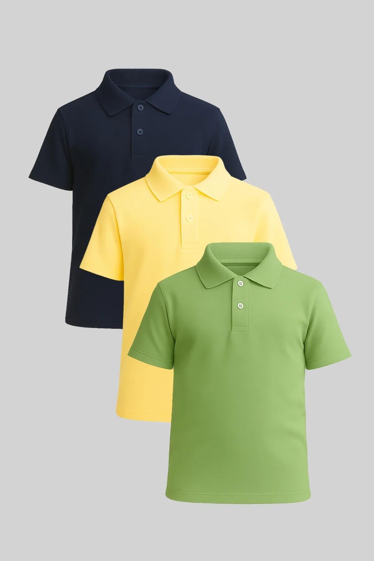 Çocuk Polo Yaka Kısa Kollu Tişört 3lü Set  Lacivert Sarı Yeşil