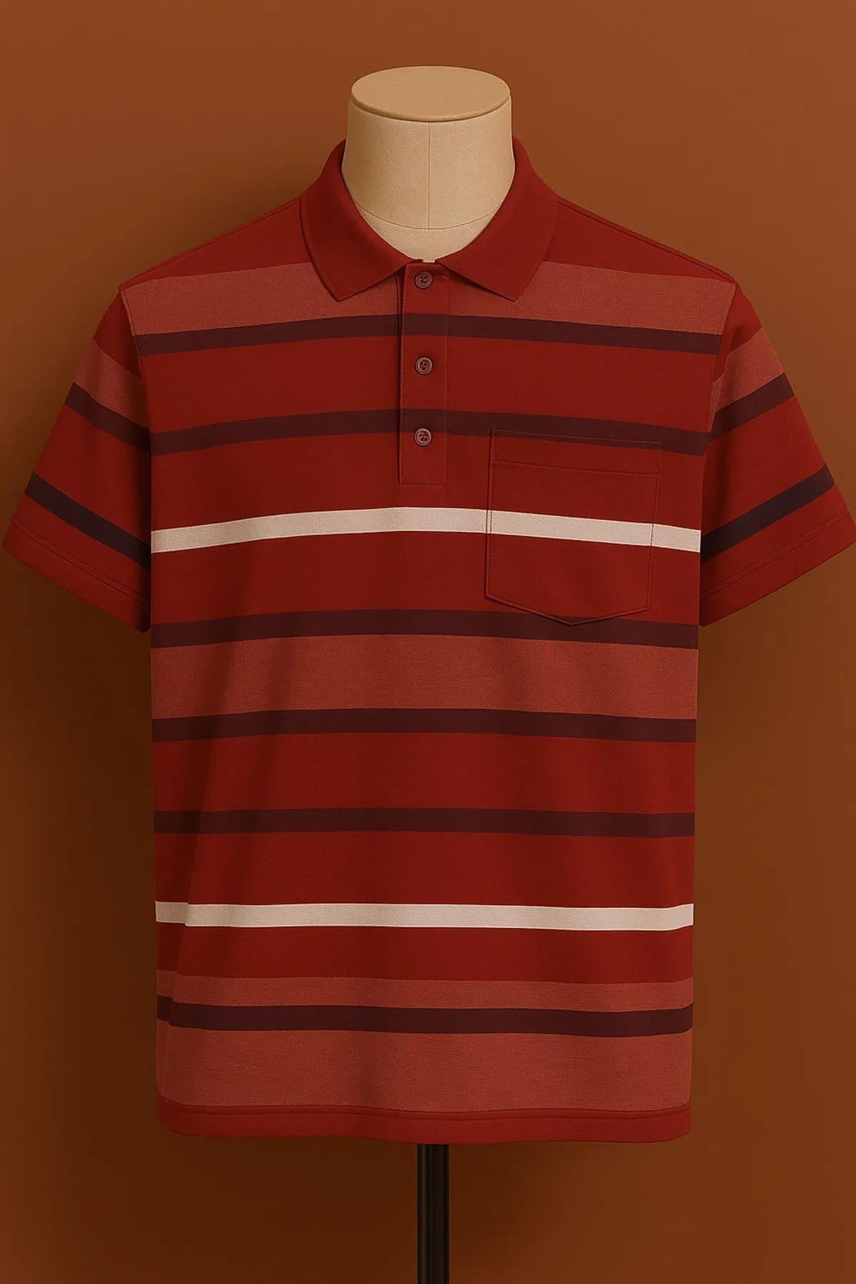 Erkek Baba Bordo Çizgili Polo Yaka Kısa Kol Tişört - Rahat Kesim Yazlık Model