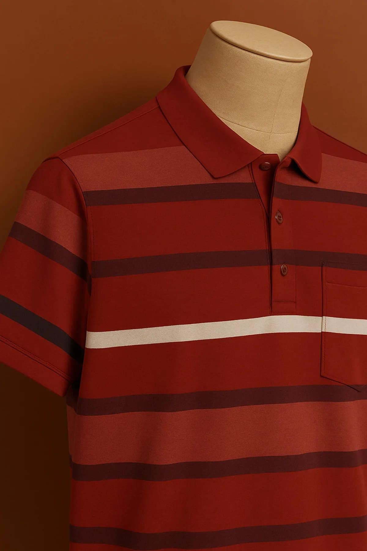 Erkek Baba Bordo Çizgili Polo Yaka Kısa Kol Tişört - Rahat Kesim Yazlık Model