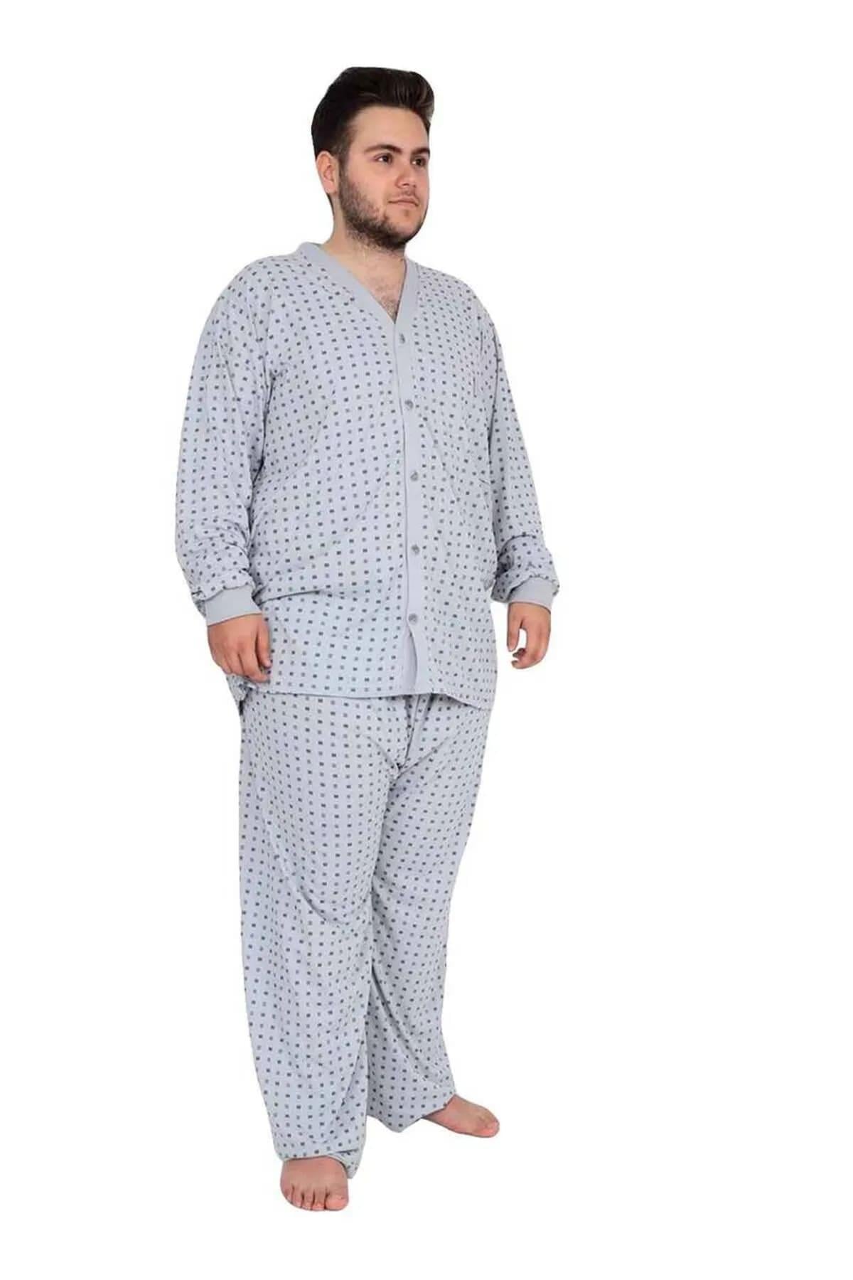 Erkek Baba Önü Düğmeli Desenli Rahat Kesim Pijama Takım
