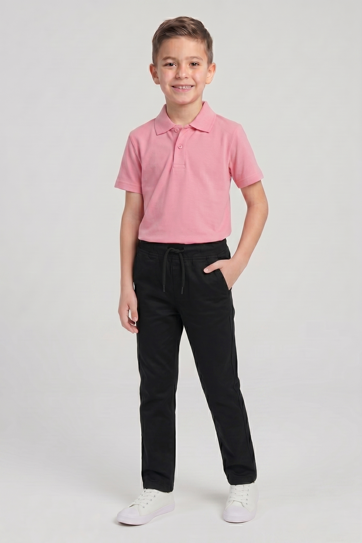 Erkek Çocuk Pembe Kısa Kol Polo Yaka Tişört Siyah Ribana Bel Kanvas Okul Pantolonu Alt Üst Takım Okul Kıyafeti