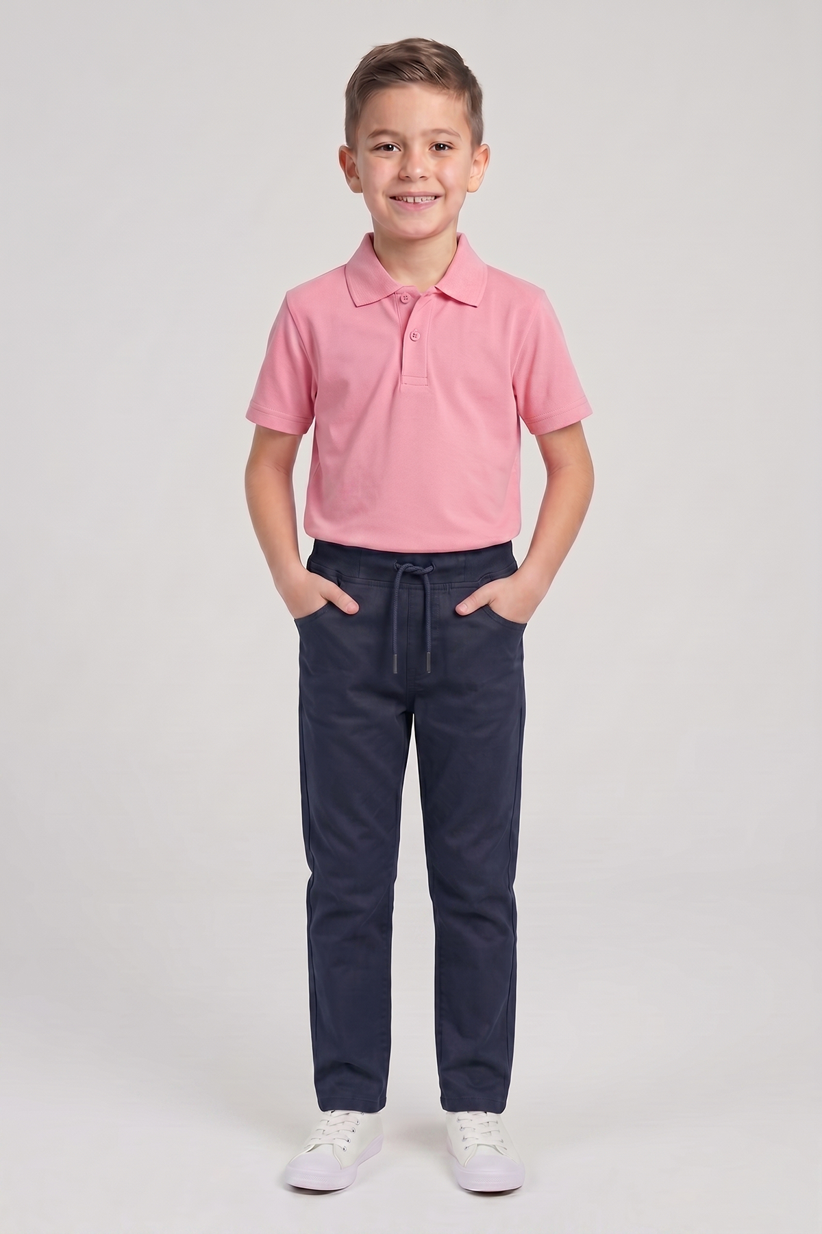 Erkek Çocuk Pembe Kısa Kol Polo Yaka Tişört Lacivert Ribana Bel Kanvas Okul Pantolonu Alt Üst Takım Okul Kıyafeti