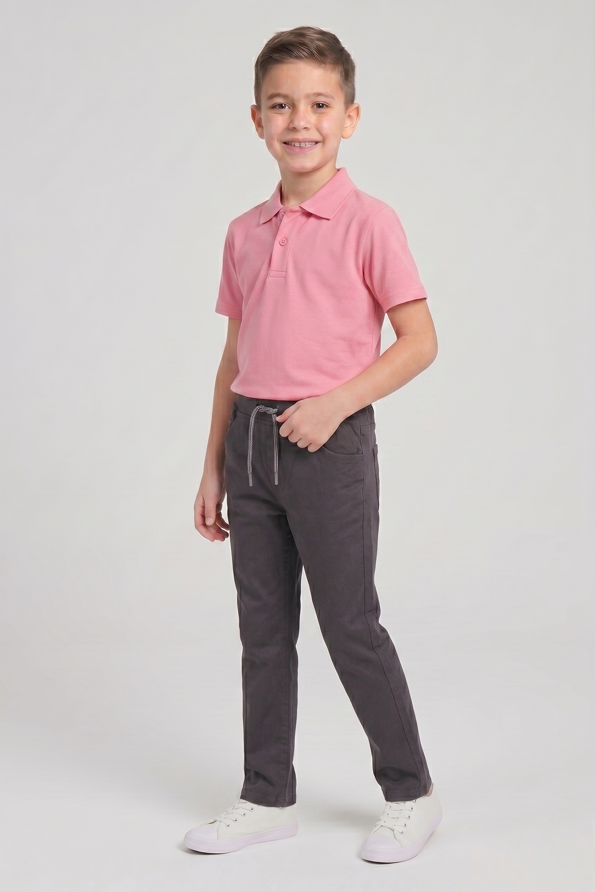 Erkek Çocuk Pembe Kısa Kol Polo Yaka Tişört Füme Ribana Bel Kanvas Okul Pantolonu Alt Üst Takım Okul Kıyafeti