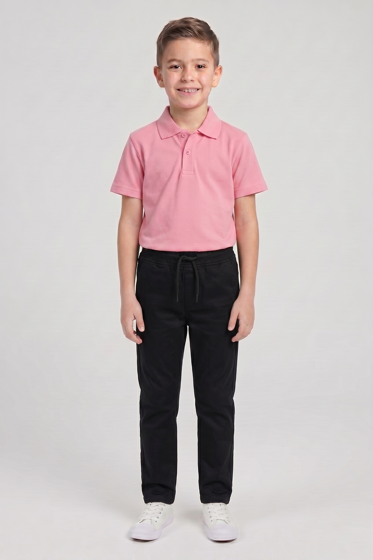 Erkek Çocuk Pembe Kısa Kol Polo Yaka Tişört Siyah Ribana Bel Kanvas Okul Pantolonu Alt Üst Takım Okul Kıyafeti
