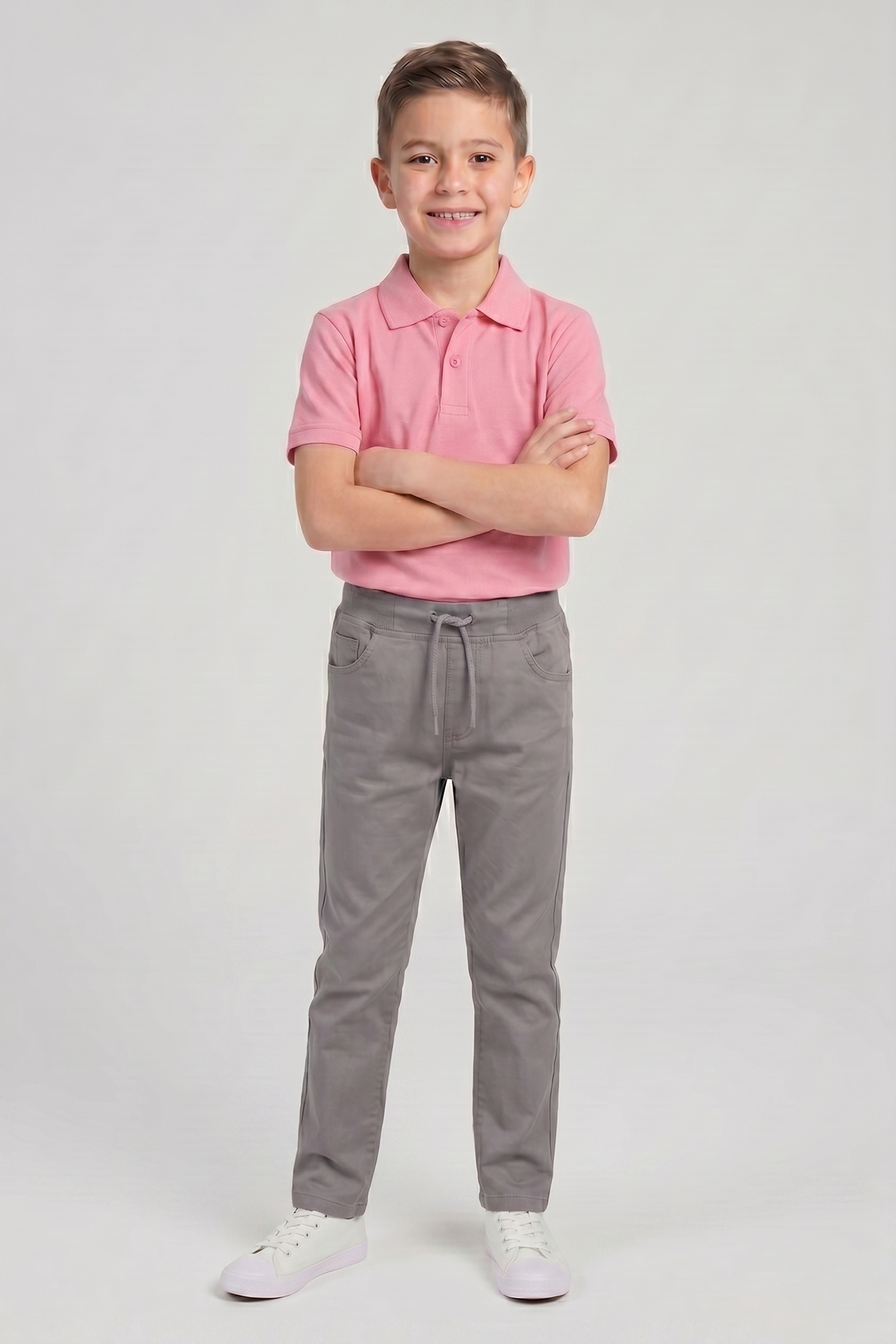 Erkek Çocuk Pembe Kısa Kol Polo Yaka Tişört Gri Ribana Bel Kanvas Okul Pantolonu Alt Üst Takım Okul Kıyafeti