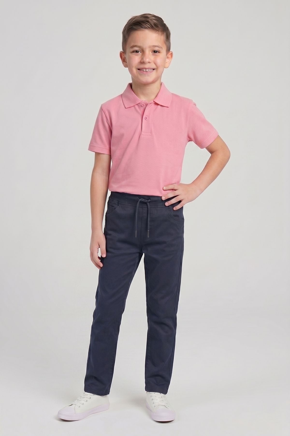 Erkek Çocuk Pembe Kısa Kol Polo Yaka Tişört Lacivert Ribana Bel Kanvas Okul Pantolonu Alt Üst Takım Okul Kıyafeti
