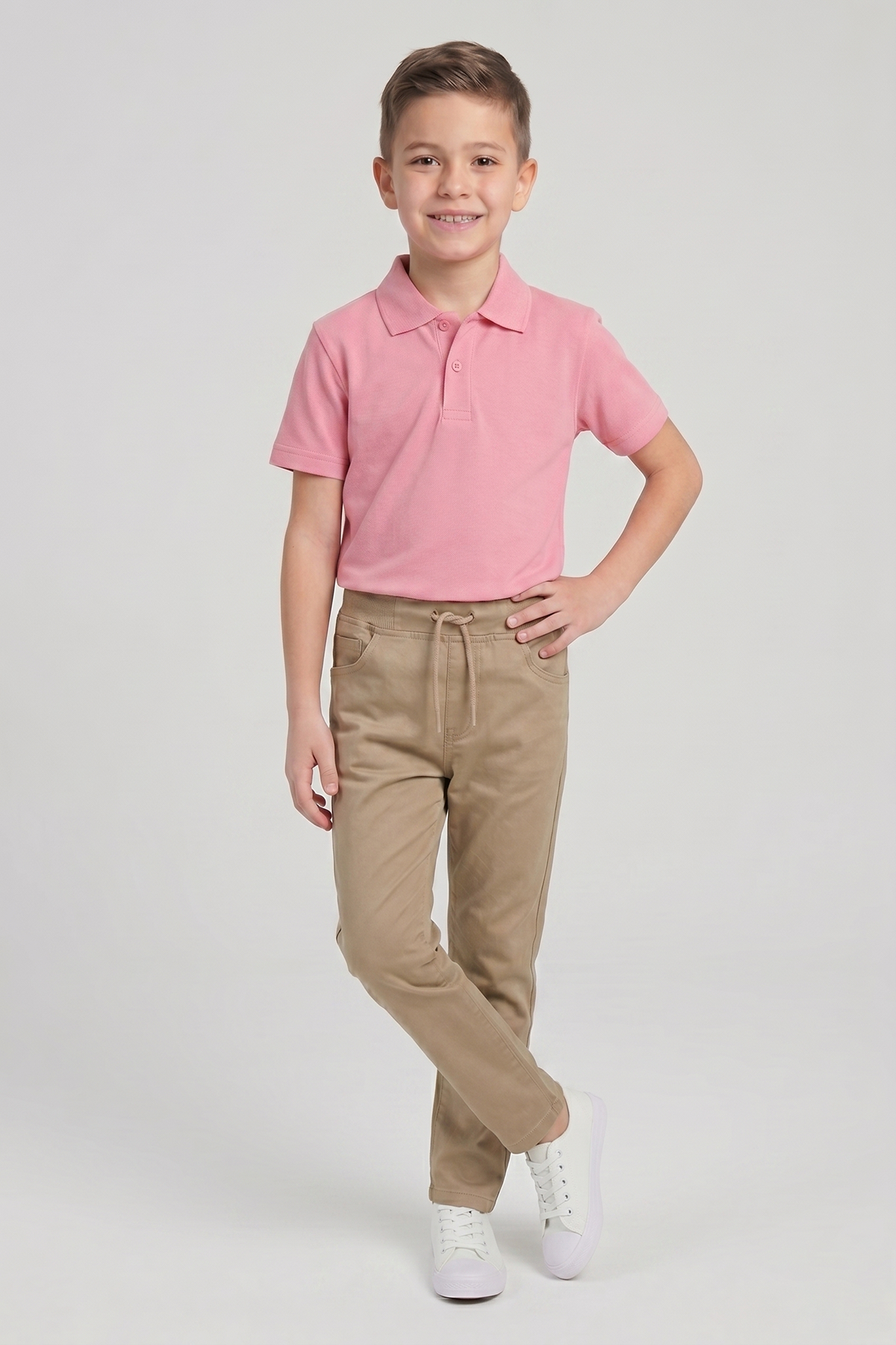 Erkek Çocuk Pembe Kısa Kol Polo Yaka Tişört Bej Ribana Bel Kanvas Okul Pantolonu Alt Üst Takım Okul Kıyafeti