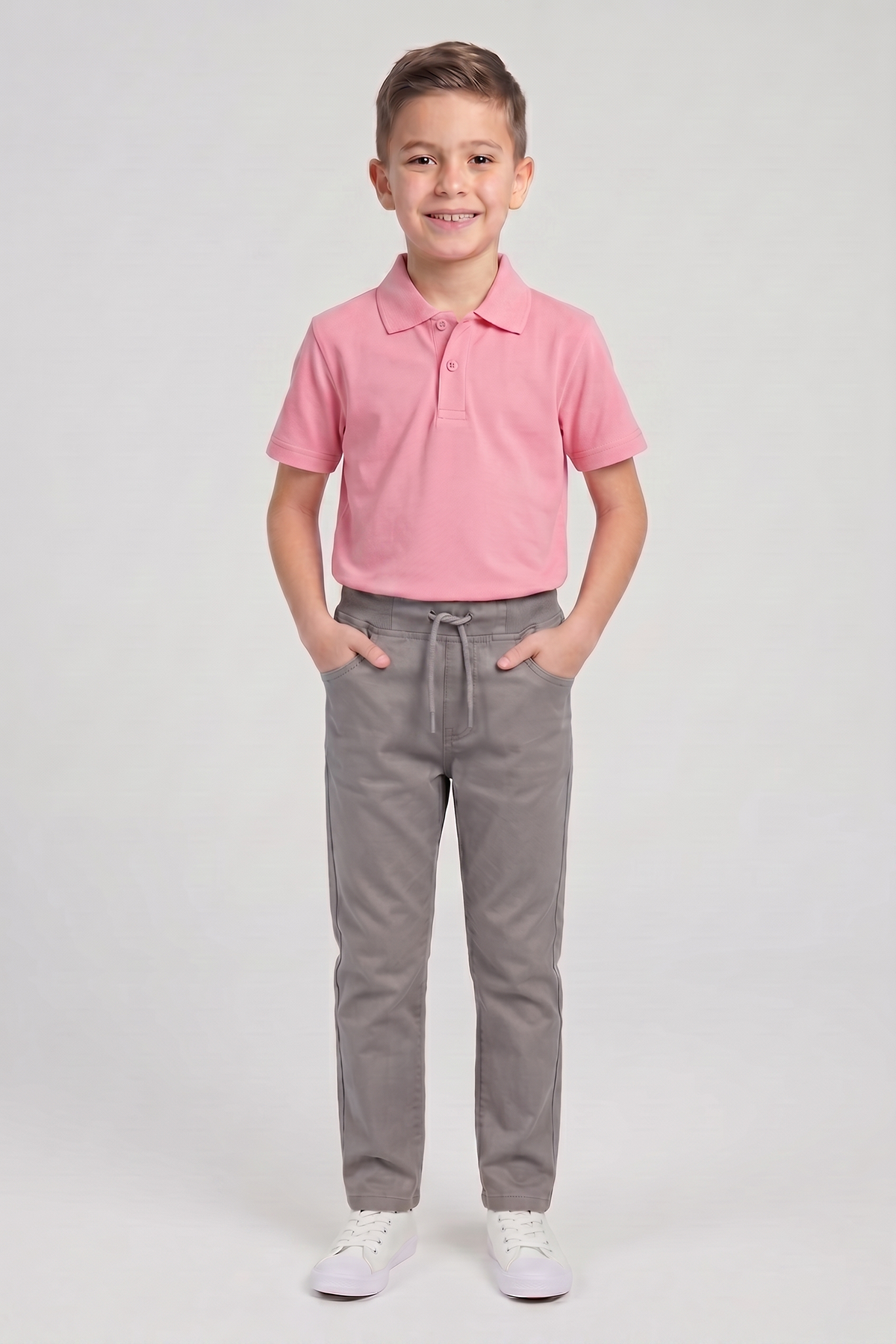 Erkek Çocuk Pembe Kısa Kol Polo Yaka Tişört Gri Ribana Bel Kanvas Okul Pantolonu Alt Üst Takım Okul Kıyafeti