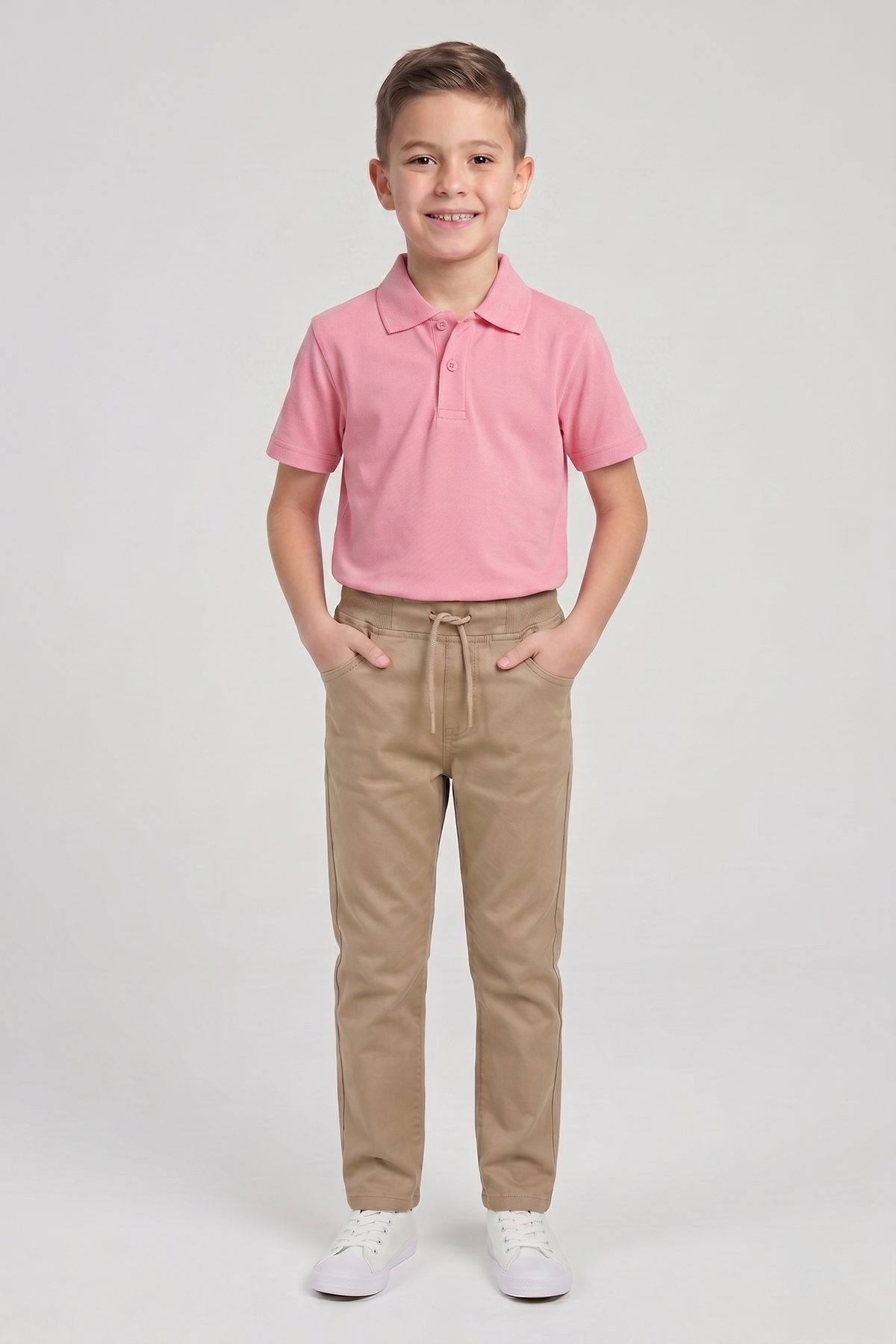 Erkek Çocuk Pembe Kısa Kol Polo Yaka Tişört Bej Ribana Bel Kanvas Okul Pantolonu Alt Üst Takım Okul Kıyafeti