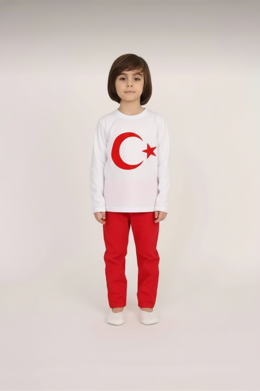 Erkek Çocuk Uzun Kol Ay Yıldız Baskılı Tişört Keten Pantolon Takım Okul Gösteri 23 Nisan 29 Ekim 